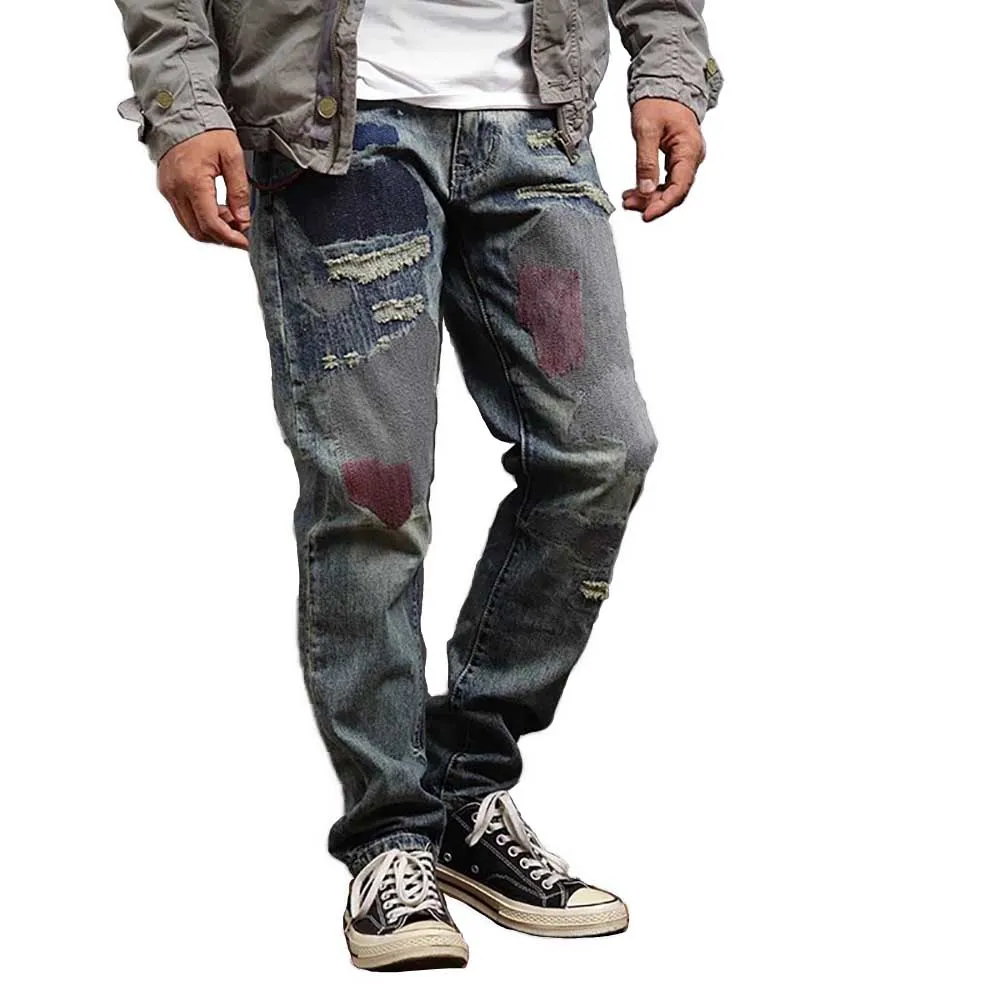 

New Fashion Distressed Retro Jeans Men Casual Denim Pants Slim Fit Patchwork Trousers Streetwear Joggers Clothing