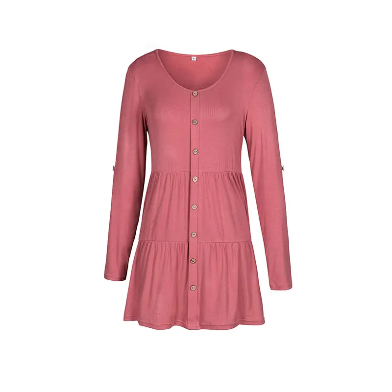 

Spring New Solid Color Knitted Dress Women 2021 Casual O Neck Full Sleeve Button Dress For Woman Summer Short Dress