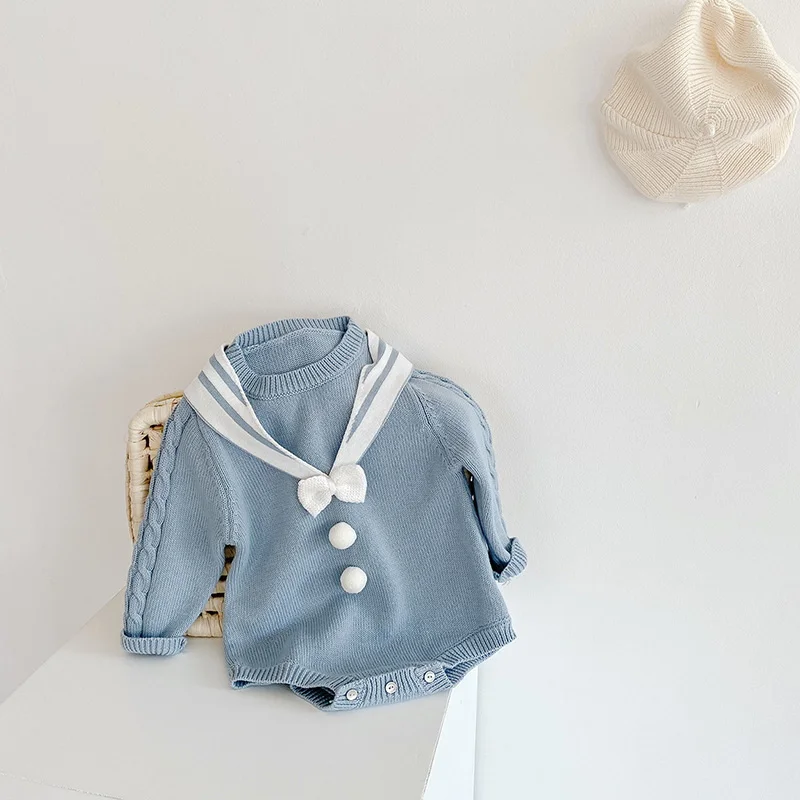 2021 nuevo oto&ntilde;o Body para beb&eacute; de manga larga de cuello marinero de lana azul mono Estilo Dulce reci&eacute;n nacido Ropa E020-1