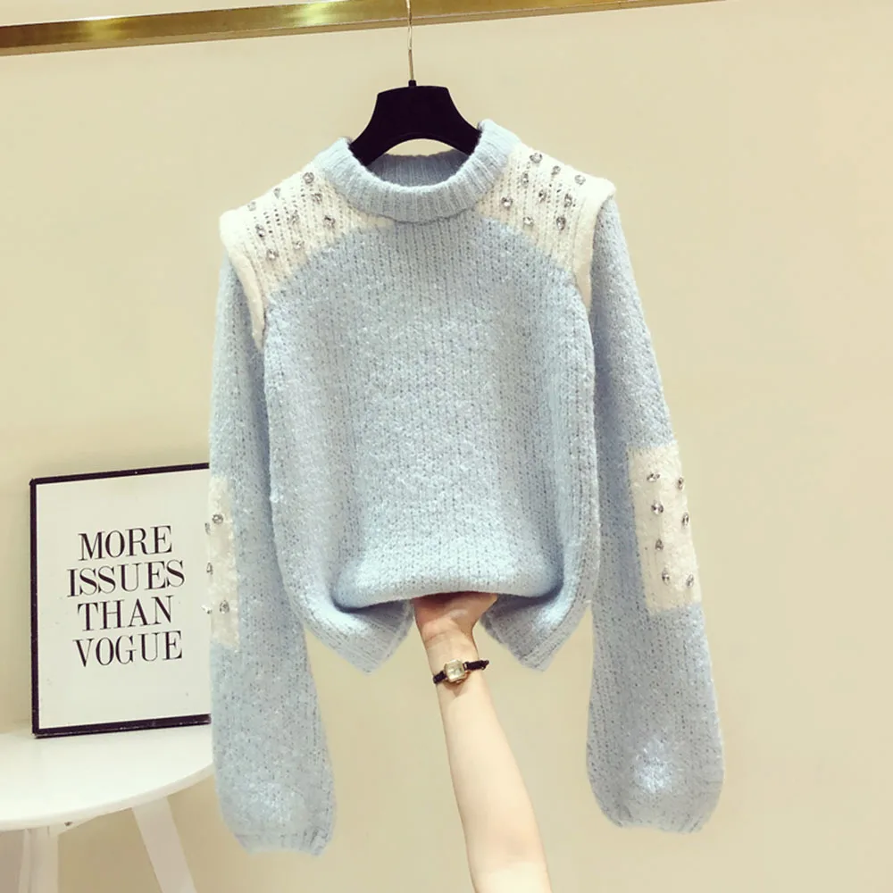

Luxury Diamond Runway High Quality Beading Autumn Winter Vintage Knitted Pullover Elegant Full Sleeve Jumper
