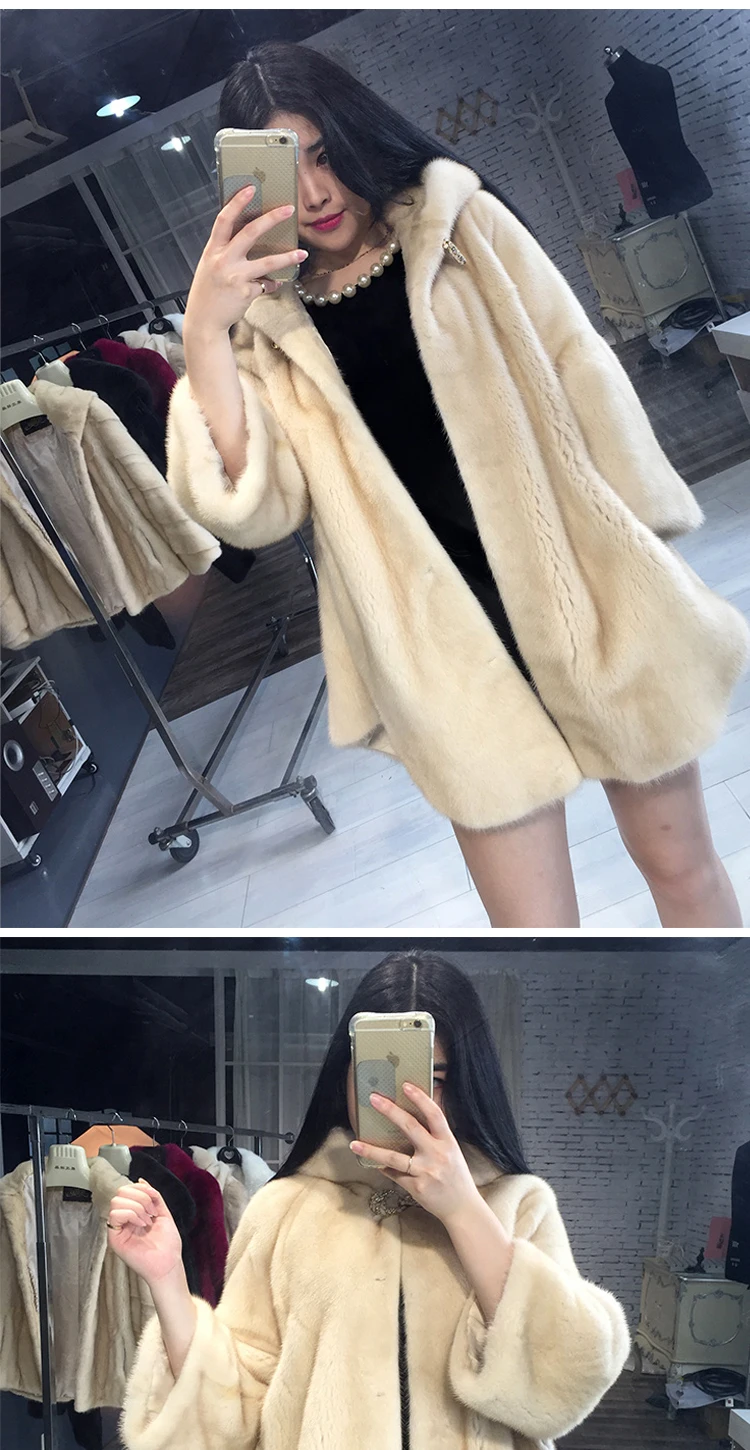 new autumn and winter Haining imported fur women's hooded tidy long section mink coat mink jacket
