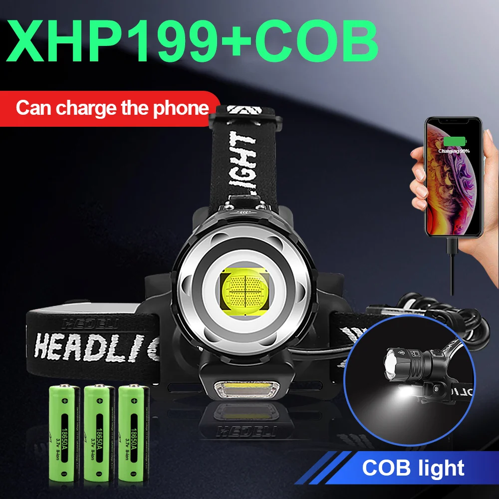 Супер XHP199 мощный светодиодный налобный фонарь COB фонарик XHP160 высокая мощность
