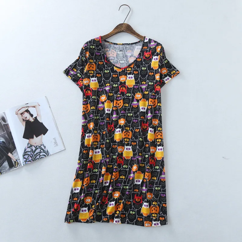 

O-Neck Cute Nightgown Sleep Dress Print Female Home Wear Sleepwear Cotton Summer New Nightwear Nightdress Short Bathrobe Gown