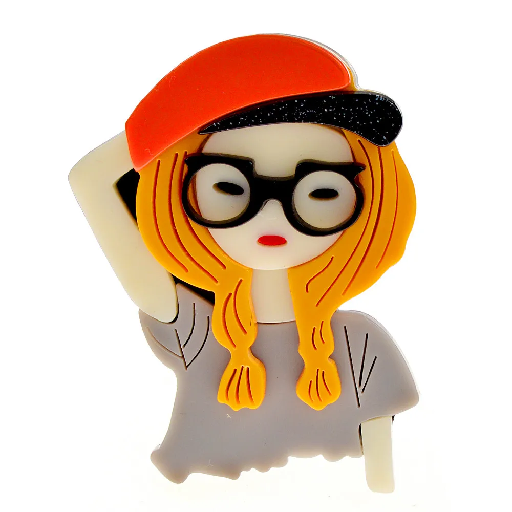 

CINDY XIANG New Arrival Acrylic Cute Wear Cap Girl Brooch Pin Blonde Hair Lady Acetate Fiber Jewelry High Quality Gift
