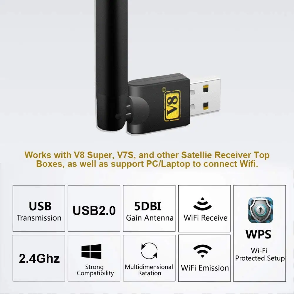 GTMEDIA V8-USB WiFi with Antenna LAN Adapter for TV Box Satellite Receiver Freesat V7 HD/Freesat V8 Set Top Receptor | Электроника