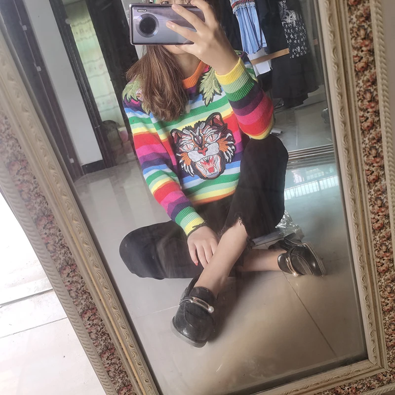 TVVOVVINFashion, Женские флисовые свитера,, зима, новинка, Повседневный, Круглый ворот, вышивка, полосатый, хлопок, пуловер, дикий, вязаный свитер, H905