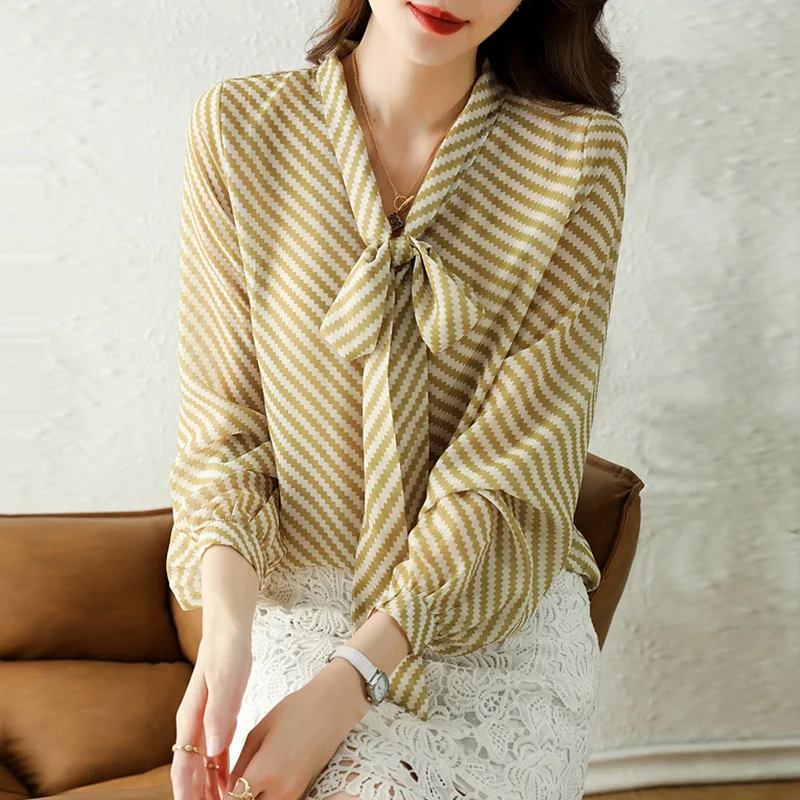 

Autumn New Women Chiffon Blouse Fashion Casual High-End Long Sleeved Bow Striped Top Elegant Loose Office Lady Clothing