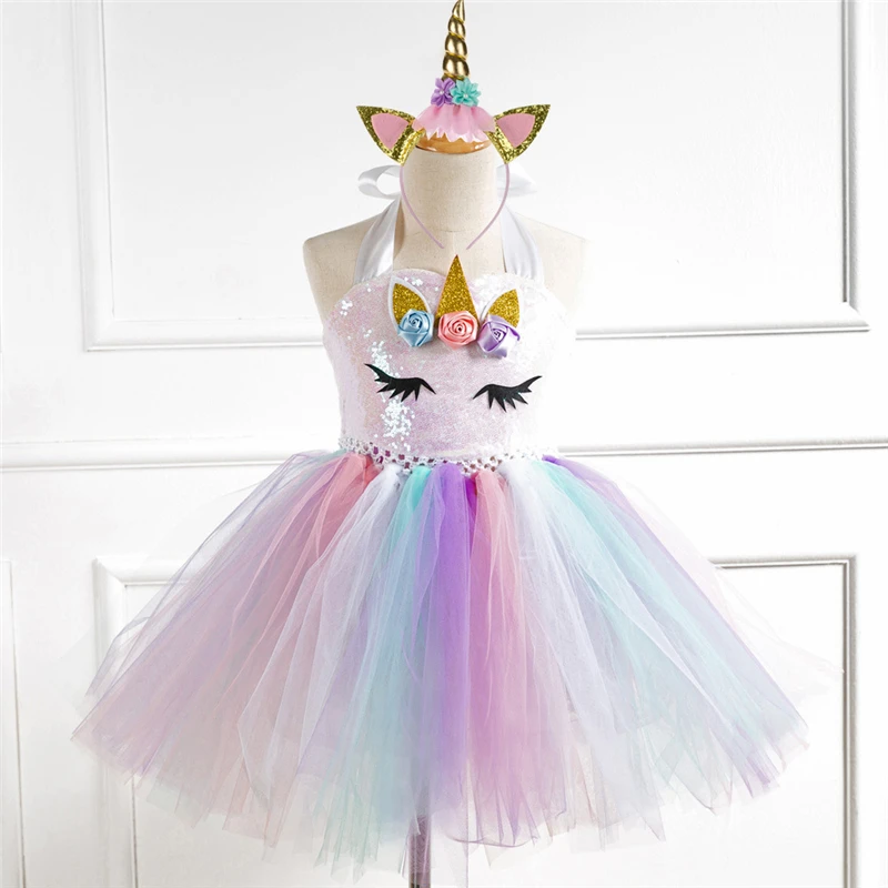

New Arrival Rainbow Unicorn Princess Dress Halloween Costume For Kids Carnival Candy Dress Up Kawayii