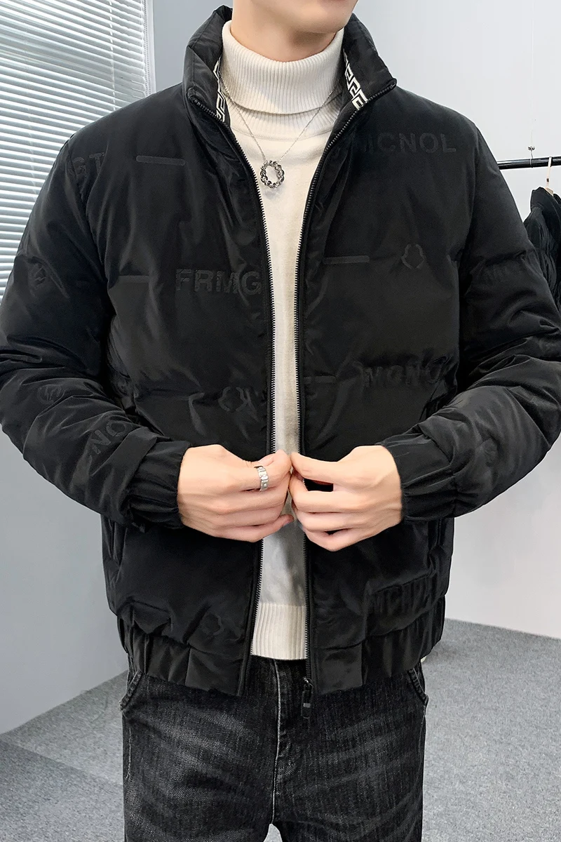 2021 winter new run down jacket men's short stand collar letter embossed warm and windproof casual coat