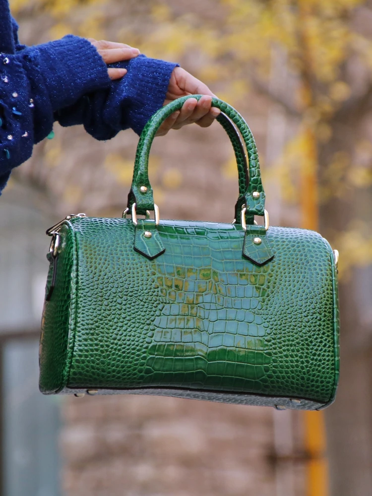 

Green Boston Bag Genuine Leather Women Bag\Handbag Crocodile Pattern Lady Tote Pillow Bag Cowhide Big Shoulder Crossbody Bag