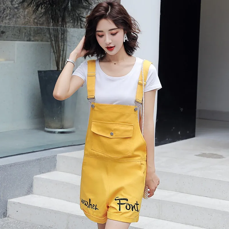 Женский джинсовый комбинезон повседневный однотонный короткий с большими