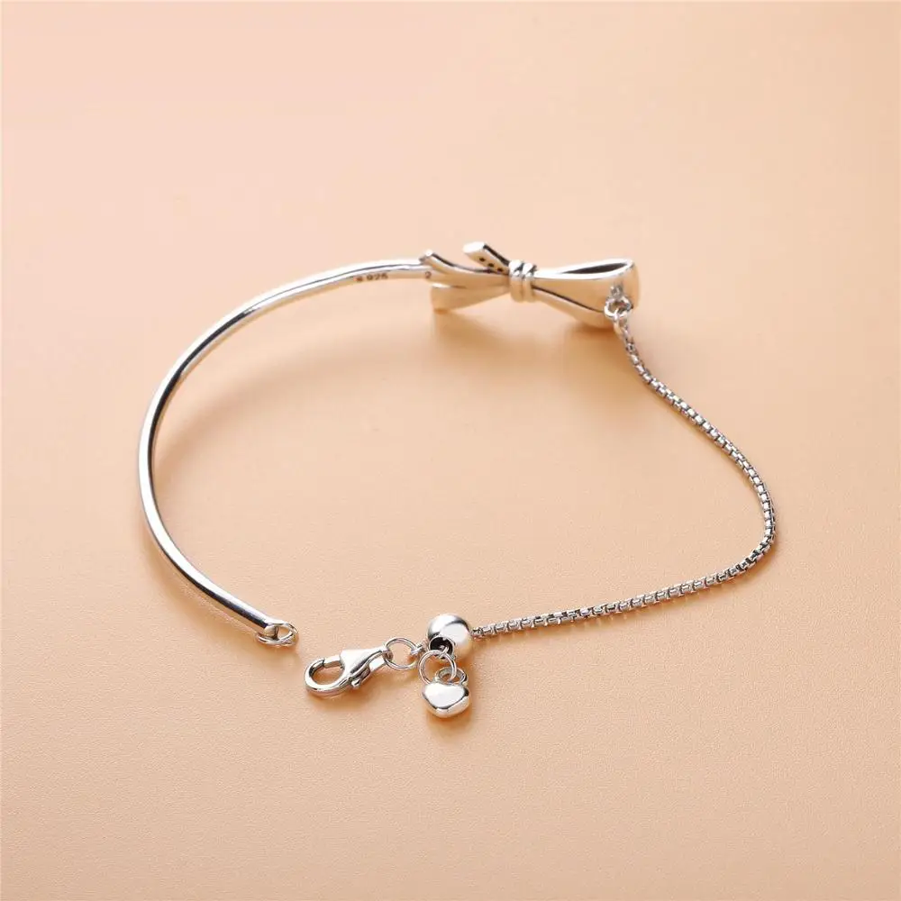 

100% 925 Sterling Silver pan Classic Sparkling Bow Slider Bracelet Women Charm Fashion DIY Jewelry Free Shipping Wholesale