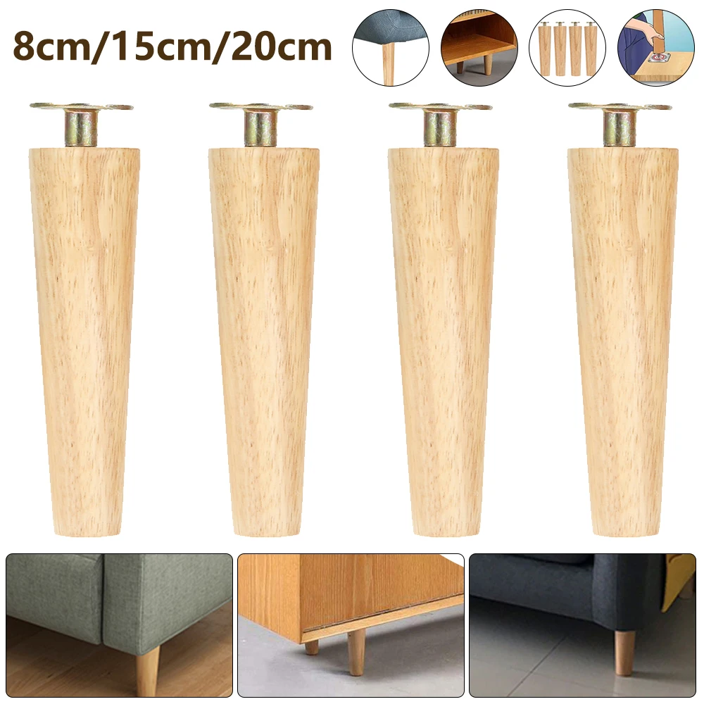 Patas de madera de goma para muebles, pies de repuesto de cono inclinado para sofá, cama, armario, mesa y silla, 8/15/20cm de altura, 4 Uds.