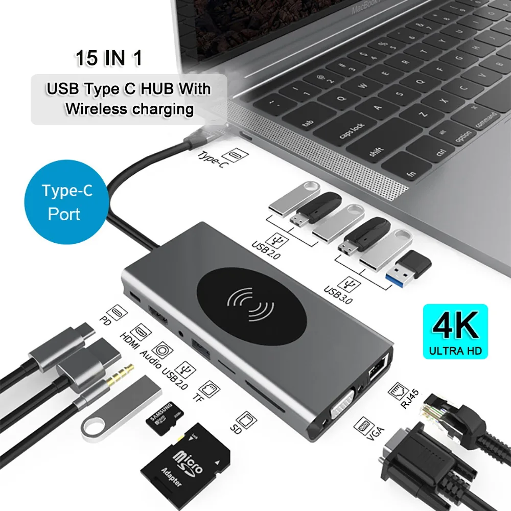usb c hub 13 in 1 type c hubs with wireless charging 4k hdmi adapter usb3 0 sdtf card reader usb c power delivery 14 in 1 free global shipping