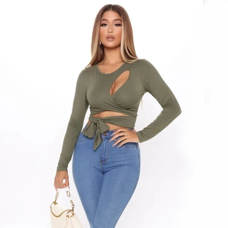 

2021 summer new top sexy hollow out bandage round neck T-shirt popular in Europe and America tops long sleeve summer tops