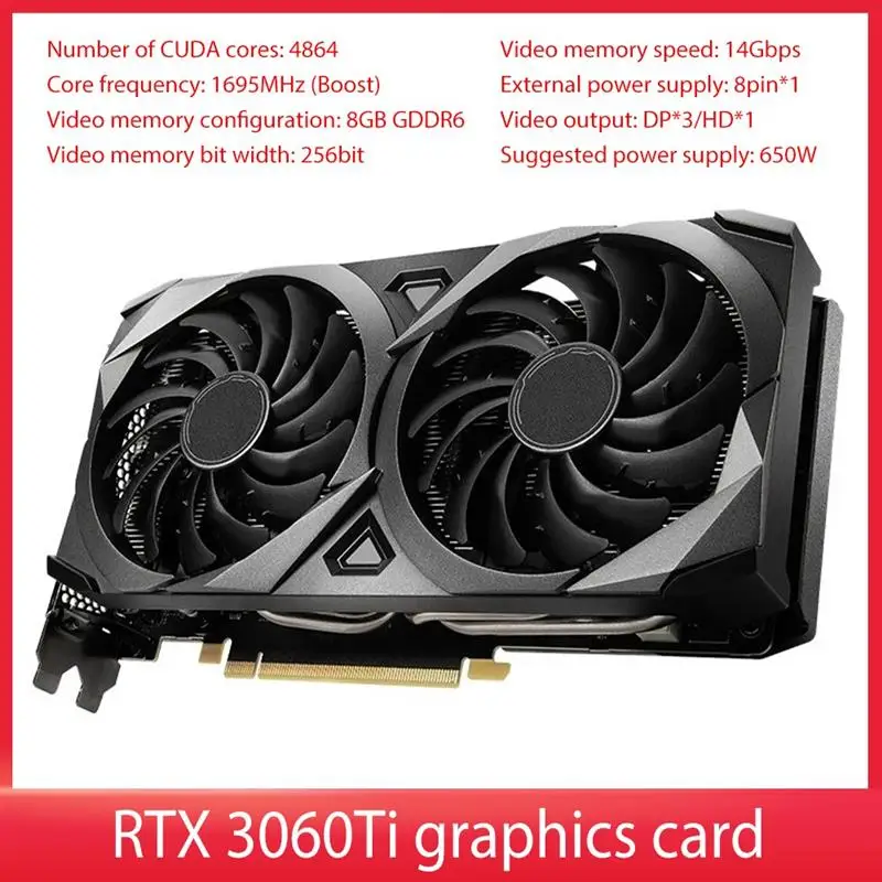 

Видеокарта Vantu RTX3060Ti 2X 8G OCV1 LHR 1695 МГц GDDR6 бит NVIDIA для настольных ПК, игровая черная видеокарта