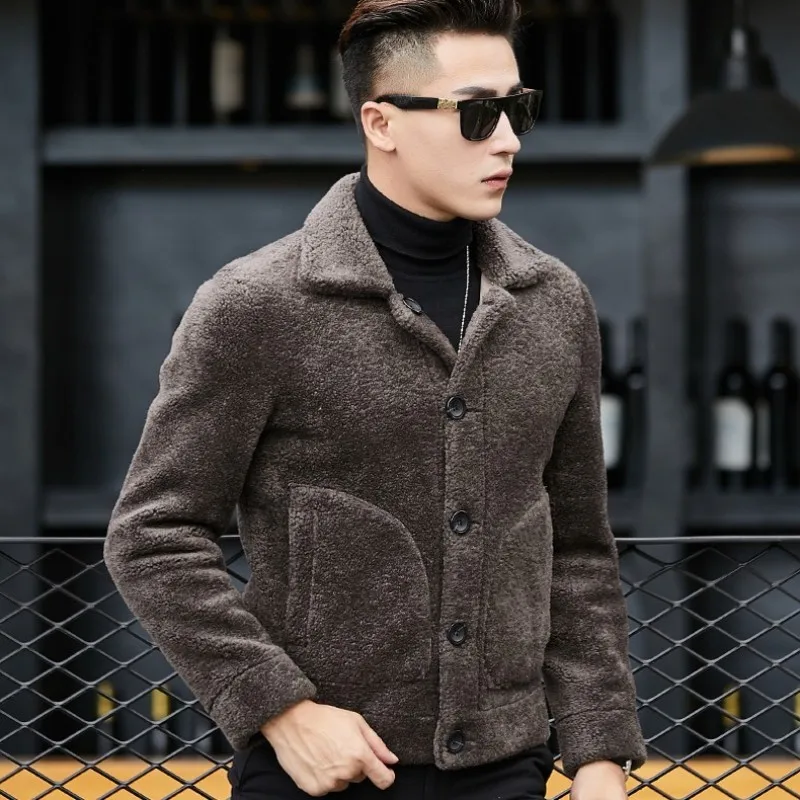 Winter Mens 100% Wool Shearling Jacket Warm Suede Leather 5XL Overcoat Single Breasted Short Real Lamb Fur Coat | Мужская одежда