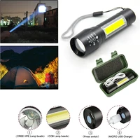 portable usb rechargeable led flashlight xml t6cob led self contained battery waterproof camping light emergency light