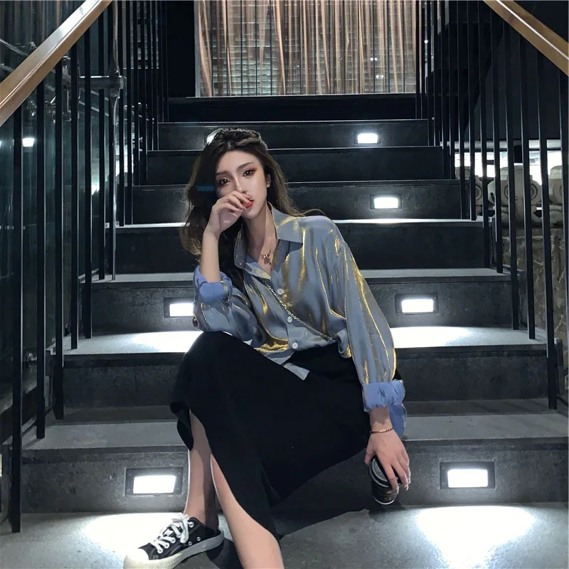 

Vintage Blouse Women Elegant Satin Collared Shirt Button Up Large Size Long Sleeve Tops Solid 2021 Fashion Ladies Retro