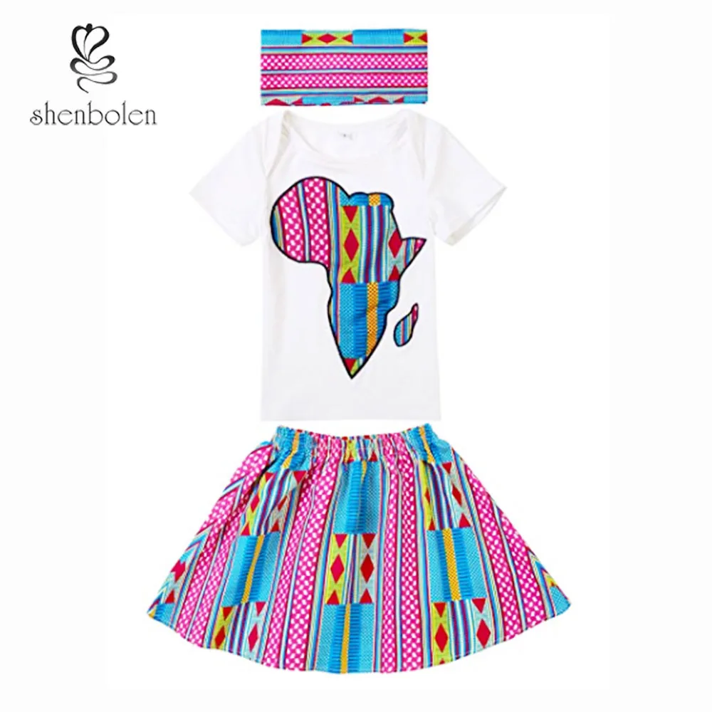 color2 Африканская одежда для детей, хлопковая футболка+ юбка+ повязка на голову, комплект, африканская детская одежда африканская Дашики, модная детская одежда - Цвет: color2