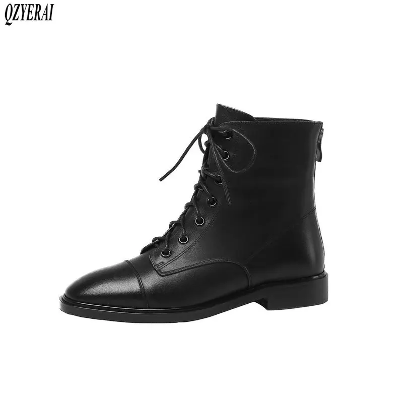 

QZYERAI New winter genuine leather ankle Women boots Motorcycle boots Female boots warm snow boots Women shoes cowhide
