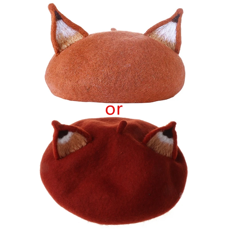 

Women Girls Retro Beret Cap Cute 3D Pointed Ears Faux Felt Painter Hat