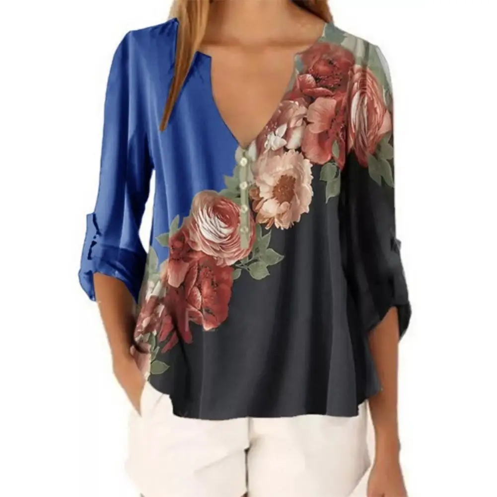 Spring Summer Shirt Vintage Women V Neck Long Sleeve Floral Print Color Block Loose Blouse Top Femme Shirt Jacket Coat