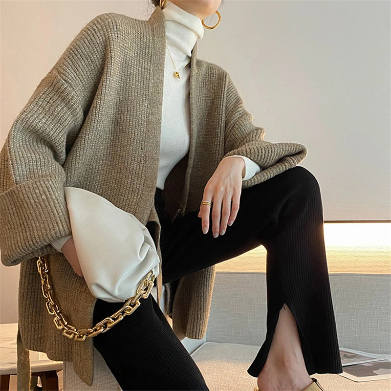 

2021 Autumn Winter Coat Lace Up Slim Waist Knitted Cardigan Korean Long Sleeve V-Neck Fashion Outwear Sweater