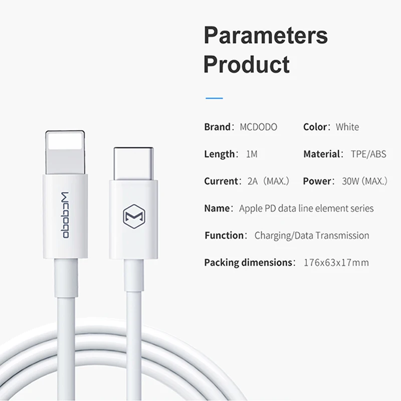 

Mcdodo 30W PD USB C Cable For iPhone 11 12 Pro XS Max XR Fast Charger USB Type C To iPhone Data Cable for Macbook iPad Pro Cord