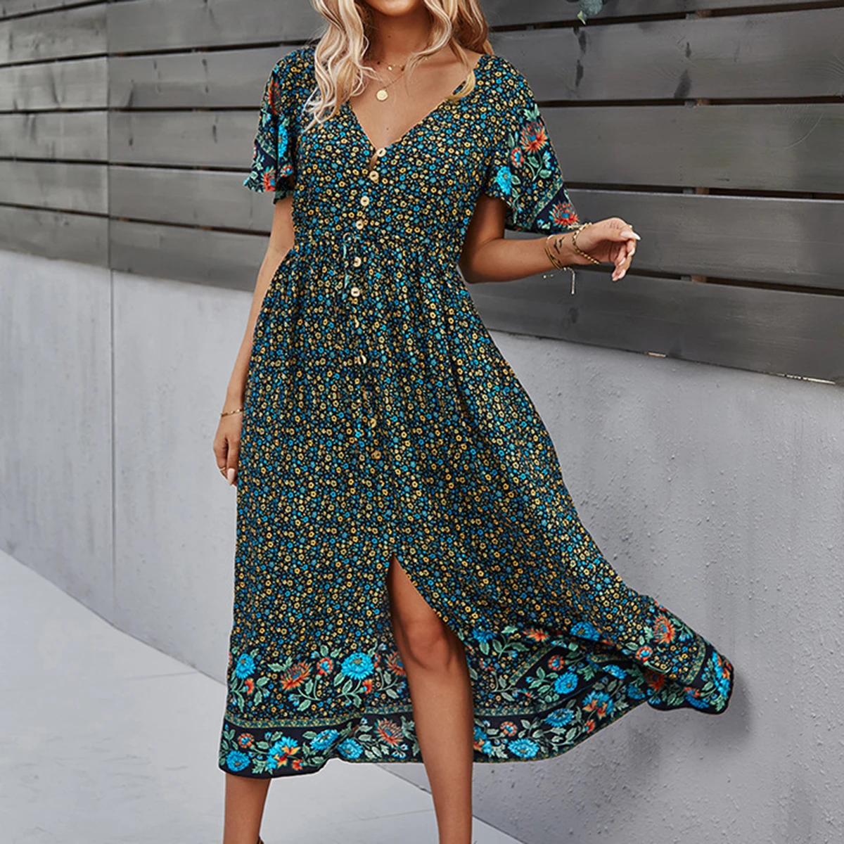 

Vinatge Chic Floral Print Dress Women V-neck Short Sleeve Long Vestidos Female Casual Boho Bohemian Midi Dresses 2021 Summer