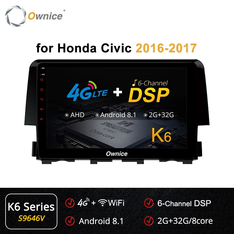 Ownice Восьмиядерный Android 9,0 k3 k5 k6 автомобильный DVD gps навигатор для Honda Civic 64G+ 4G SPDIF DAB+ DVR Carplay 360 Panorama - Цвет: S9646 K6
