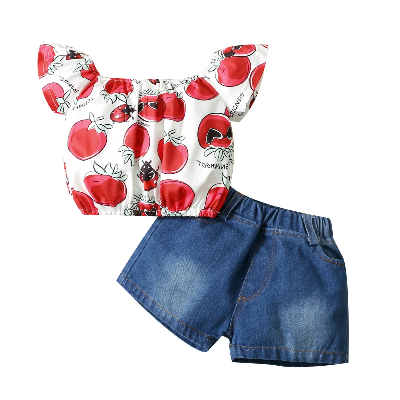 

OPPERIAYA 2Pieces Kids Summer Cotton Casual Set Cherry Print Boat Neck Short Sleeve Tops Denim Shorts for Toddler 3-24 Months