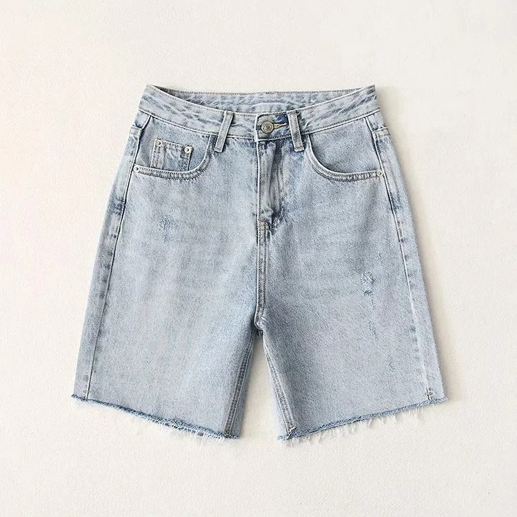 

High Waist Wide Leg Middle Pants Frayed Black Denim Shorts Women's Summer Straight Loose Ins Tide Fifth Jeans