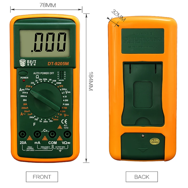 BST 9205M Handheld Professional Auto Range Digital Multimeter, Standard AC DC Voltage Current Capacitance Pocket Tester