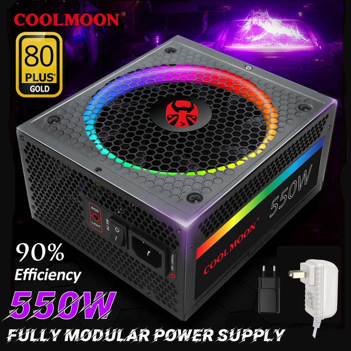 80plus 550W Computer Gaming Power Supply  ATX 12 v 2.31 Active PFC RGB PC Power Supply Intelligent Temperature Control Fan