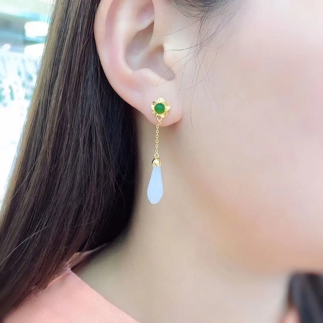 

Natural Hetian White Magnolia Flower Long Earrings Chinese Style Retro Unique Charm Light Luxury Women's Silver Jewelry