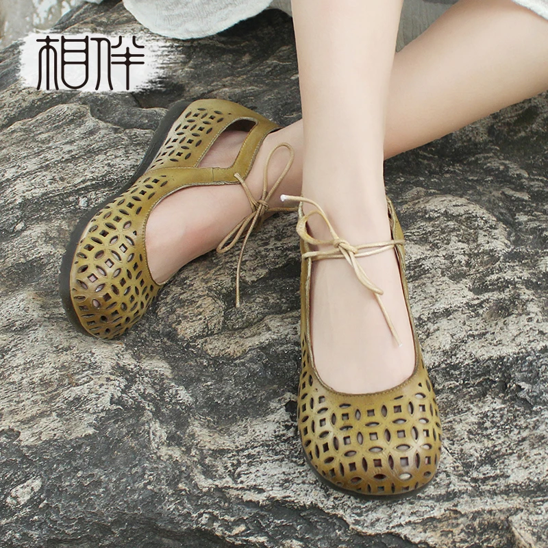 

2019 Spring Summer Womans Shoes Handcrafted Hollow Out Ankles Flat Shoes Round Toe Women's Flats