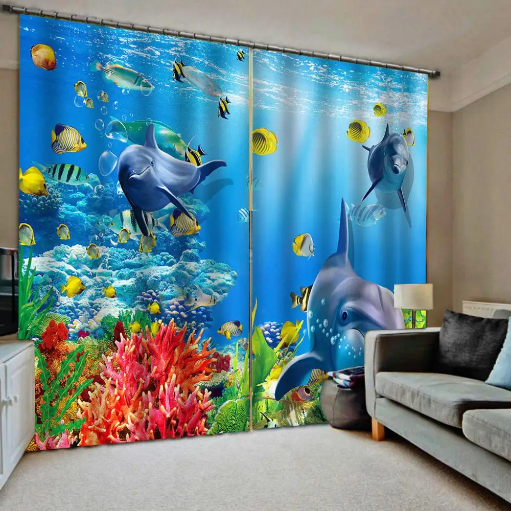 

Photo customize size Underwater World Ocean Animals Fish Dolphin Bathroom Curtain Blackout curtains Fabric
