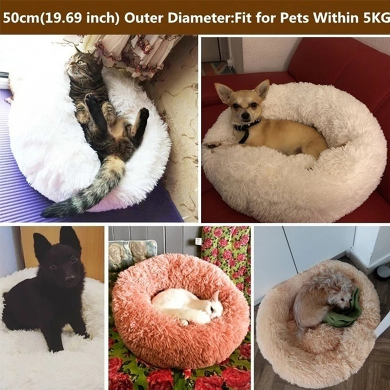 

(Leather Pink M Size No STOCK) Round Cat Bed Super Soft Long Plush Pet Dog Bed Winter Warm Deep Sleeping Cushion Puppy Mat