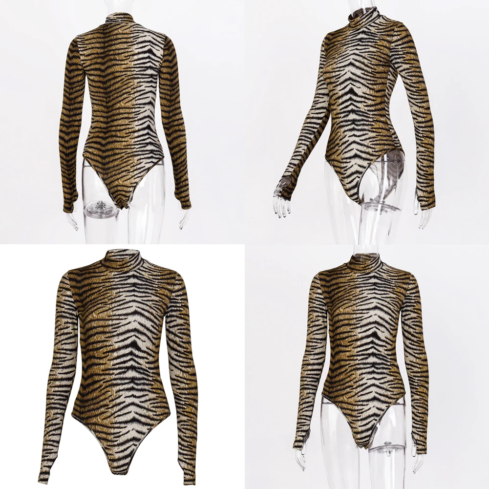 

2020 Sexy Hot Women Long Sleeve Turtleneck Bodycon Slim Romper Tops tiger stripe Print Clubwear Party Bodysuit Leotard Outwear