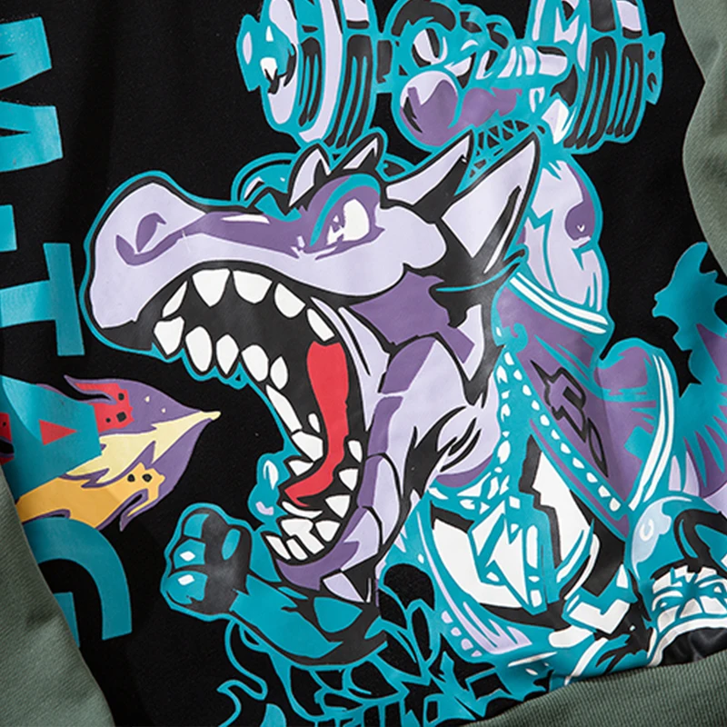 

Aolamegs Cartoon Funny Dinosaur Flame Letter Print Hooded Hoodie Men Casual Harajuku Hip Hop Fashion Pullover Sweatshirts Winter