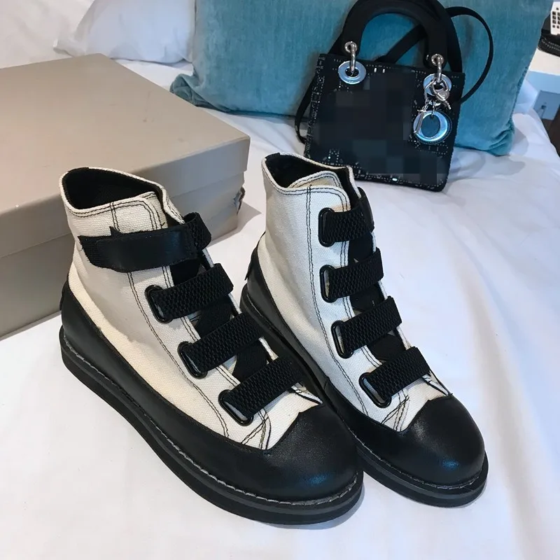 

Fashion Patchwork Design Canvas Women Autumn Punk Pu Leather Ankle Boots Flat Platform Female Casual High Top Work Shoes