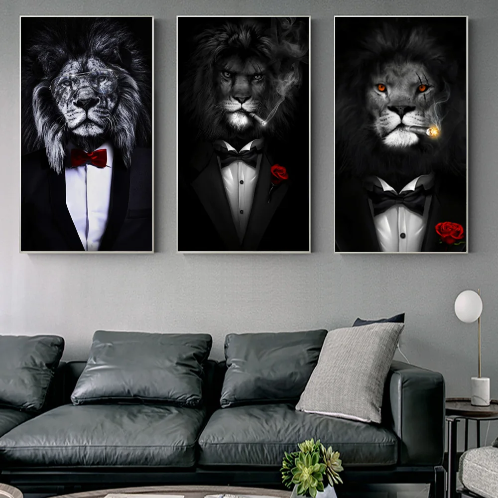 

Black Wild Lion In A Suit Canvas Painting Smoking A Cigar Animal Posters Prints Wall Art Picture for Room Home Decor Cuadros