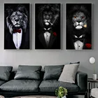 Картина на холсте с изображением черного дикого льва в костюме, курительная сигара, искусство на стену, картина для комнаты, домашний декор, квадраты