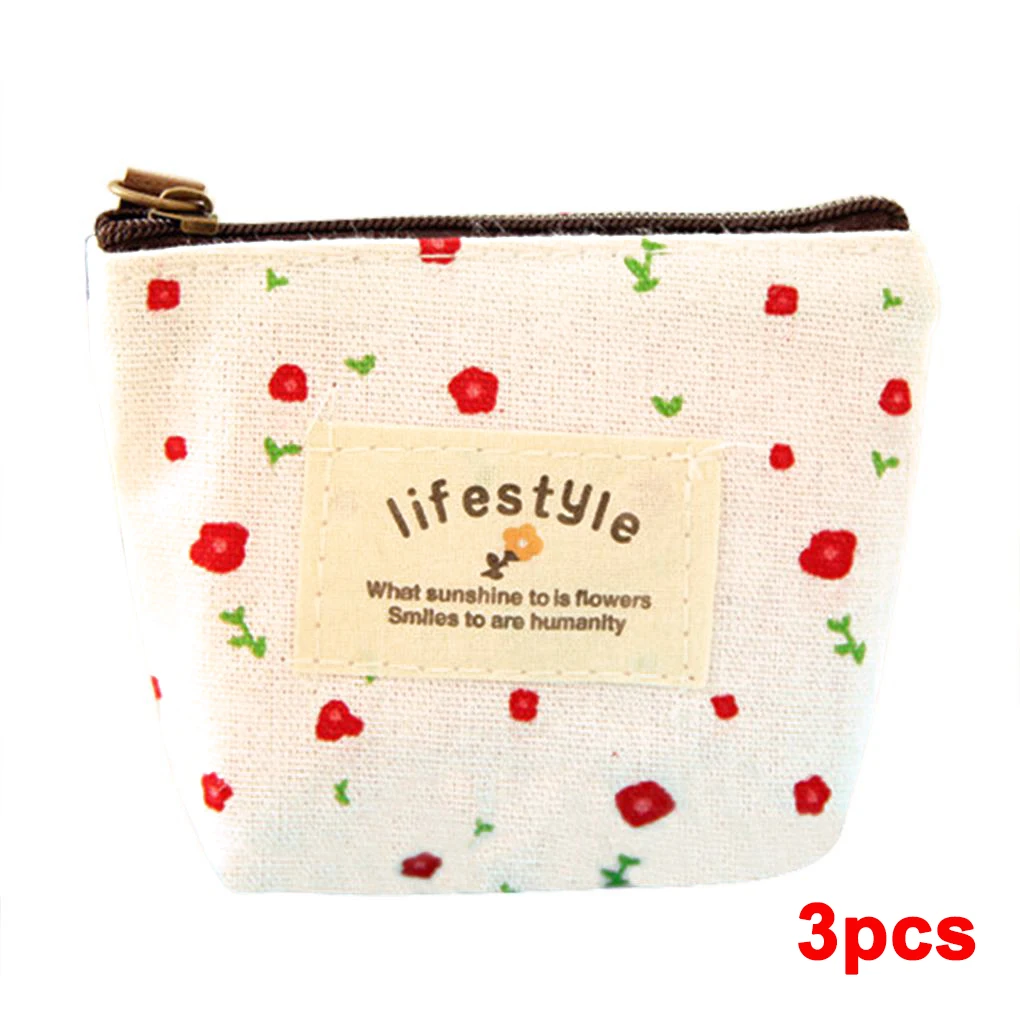 Мини-холщовые чехлы для монет с цветочным рисунком, сумки для ключей, кошелек на молнии, кошельки - Цвет: 3pcs