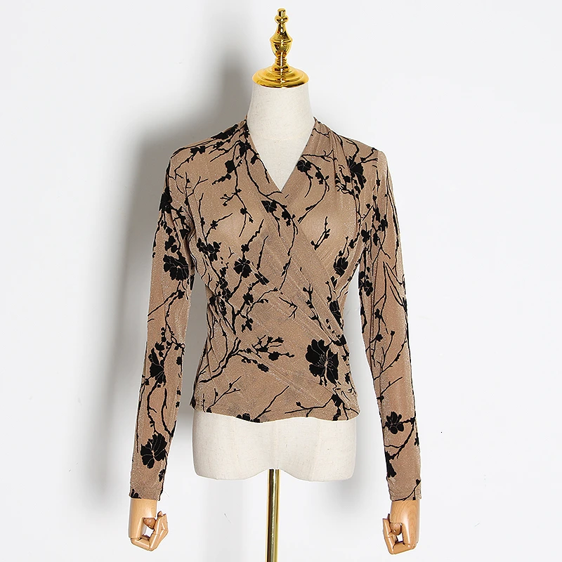 CHICEVER принт нестандартные футболки для женщин v-образный вырез длинный рукав