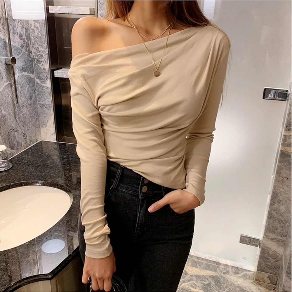 

Tshirt Basic Bottoming Shirt Temperament Sexy Female 2020 New Style Autumn Slim Korean Version Wrinkles Long Sleeve skew collar