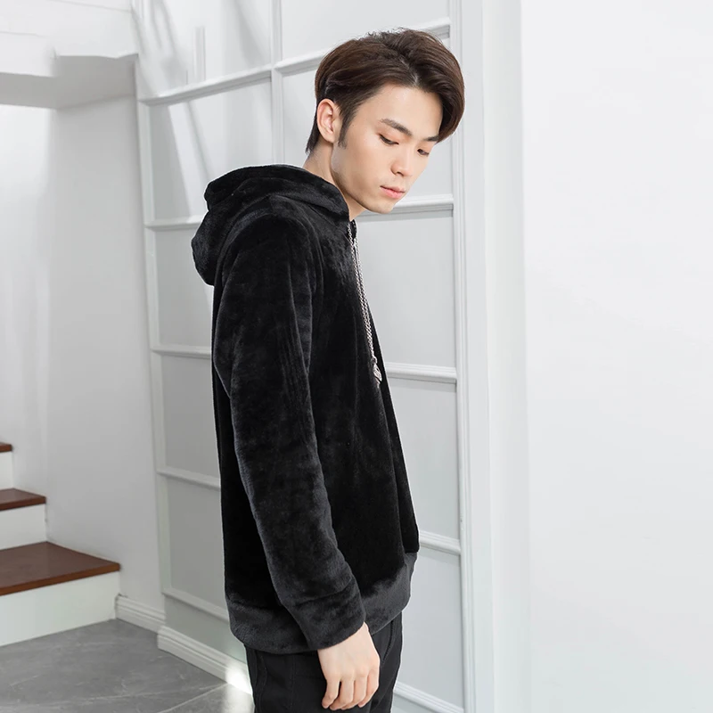 

M-4XL Coral Fleece Men's Hooded Slim Joker Teen Plus Velvet Thick Jacket Tide Korean Hip Hop Winter White Men Hoodies Fashion