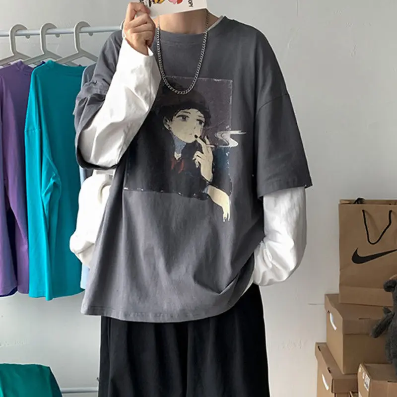 

Printed t-shirt men's long sleeve Hong Kong style trend versatile Harajuku style fake two-piece top bottomed T-shirt