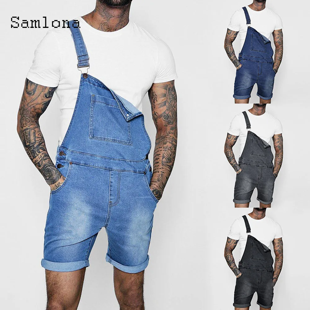 2021 Summer Jeans Demin Pants Mens Rompers One-piece Shorts Garment Fashion Strappy Playsuits Men Clothing onesie Male Overalls